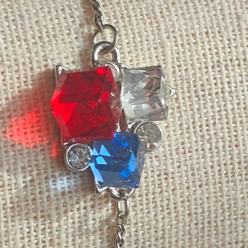 Silver Tone Bolo Bracelet Red Blue Clear Crystal Geometric Cluster Adjustable